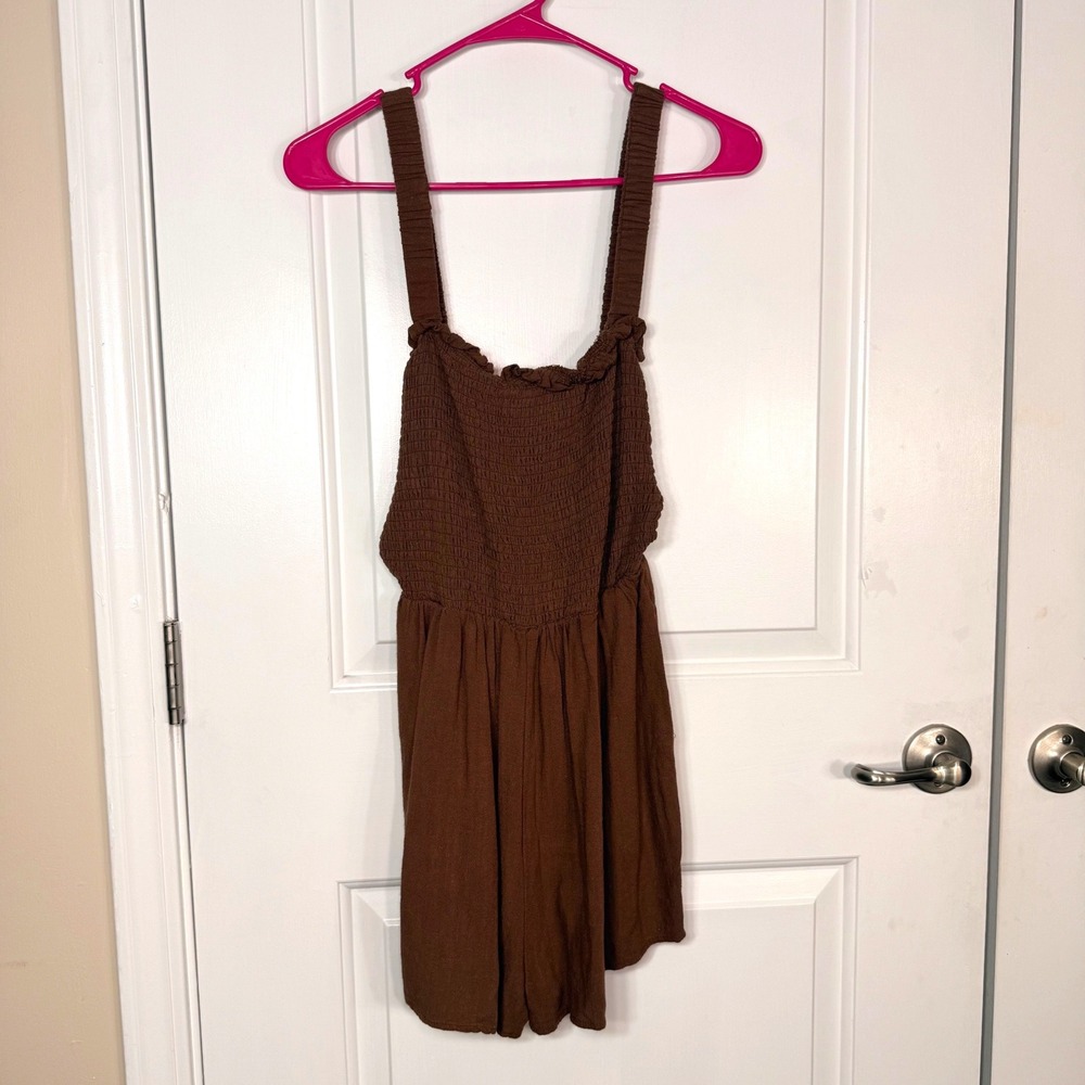 Altar'd State Brown Smocked Ruffle Romper Linen Blend Boho Summer Large